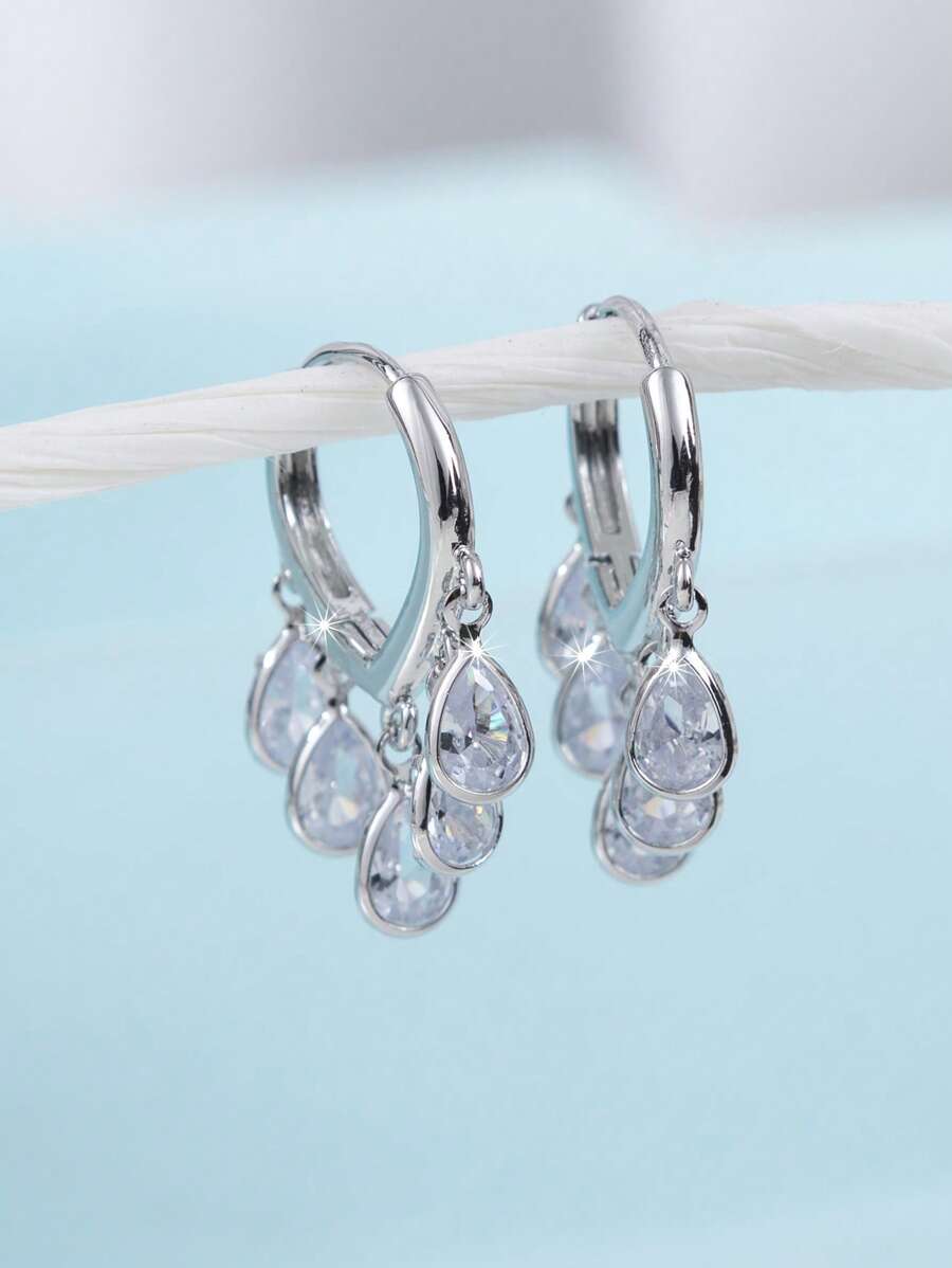 Hoop Earrings - Silver-Tone Hoop Earrings With Clear Teardrop