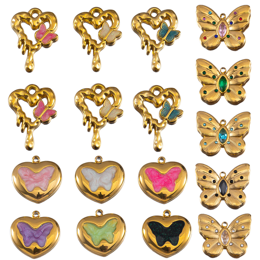 Butterfly Pendant Necklace - 2pcs Enamel Butterfly Lava Love Heart