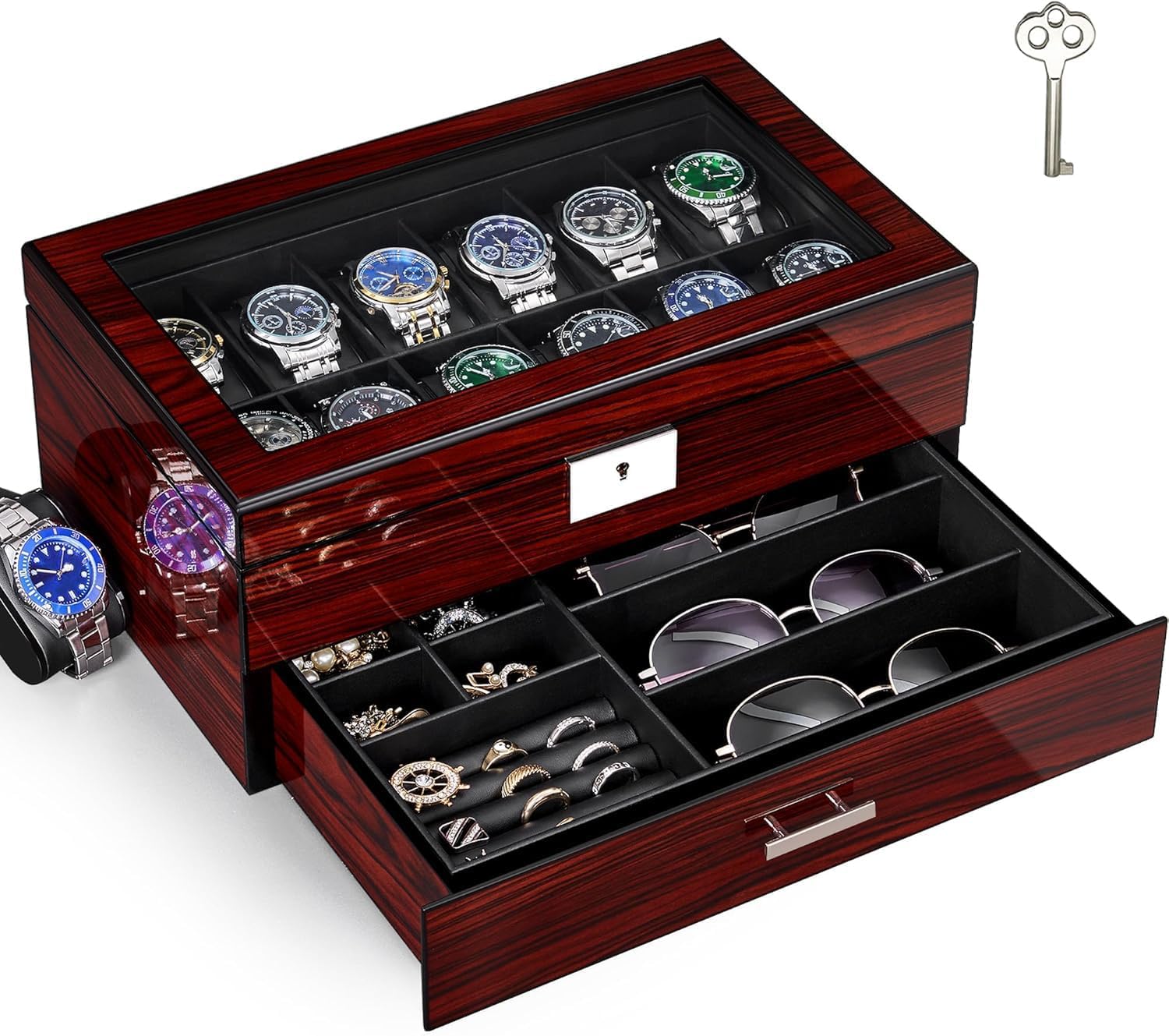 Jewelry Organizer Watches - 12-Slot Watch Box with Glass Lid,