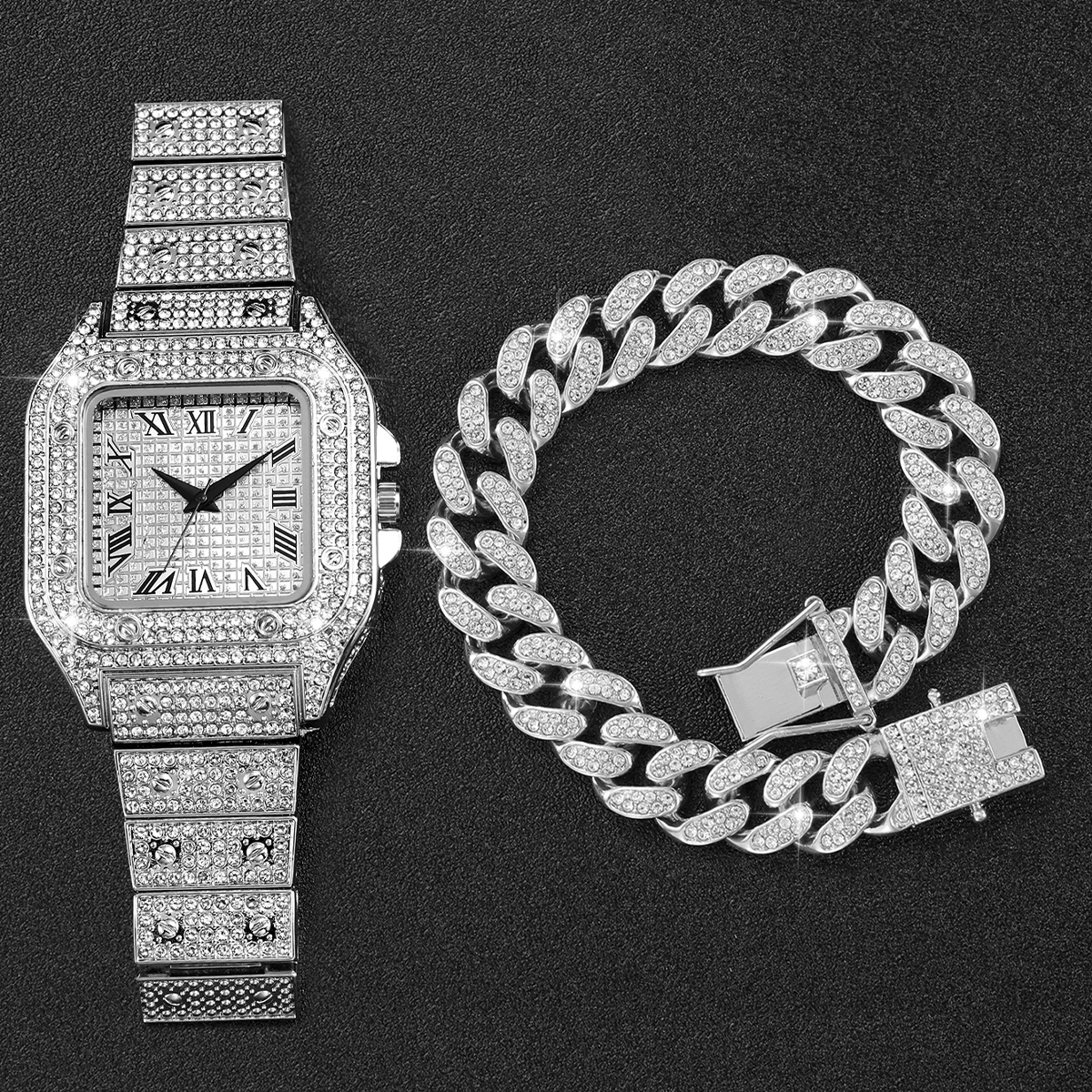 2PCS Iced Out Square Watch & C – Jewelry Diamond Watches recenzja i cena