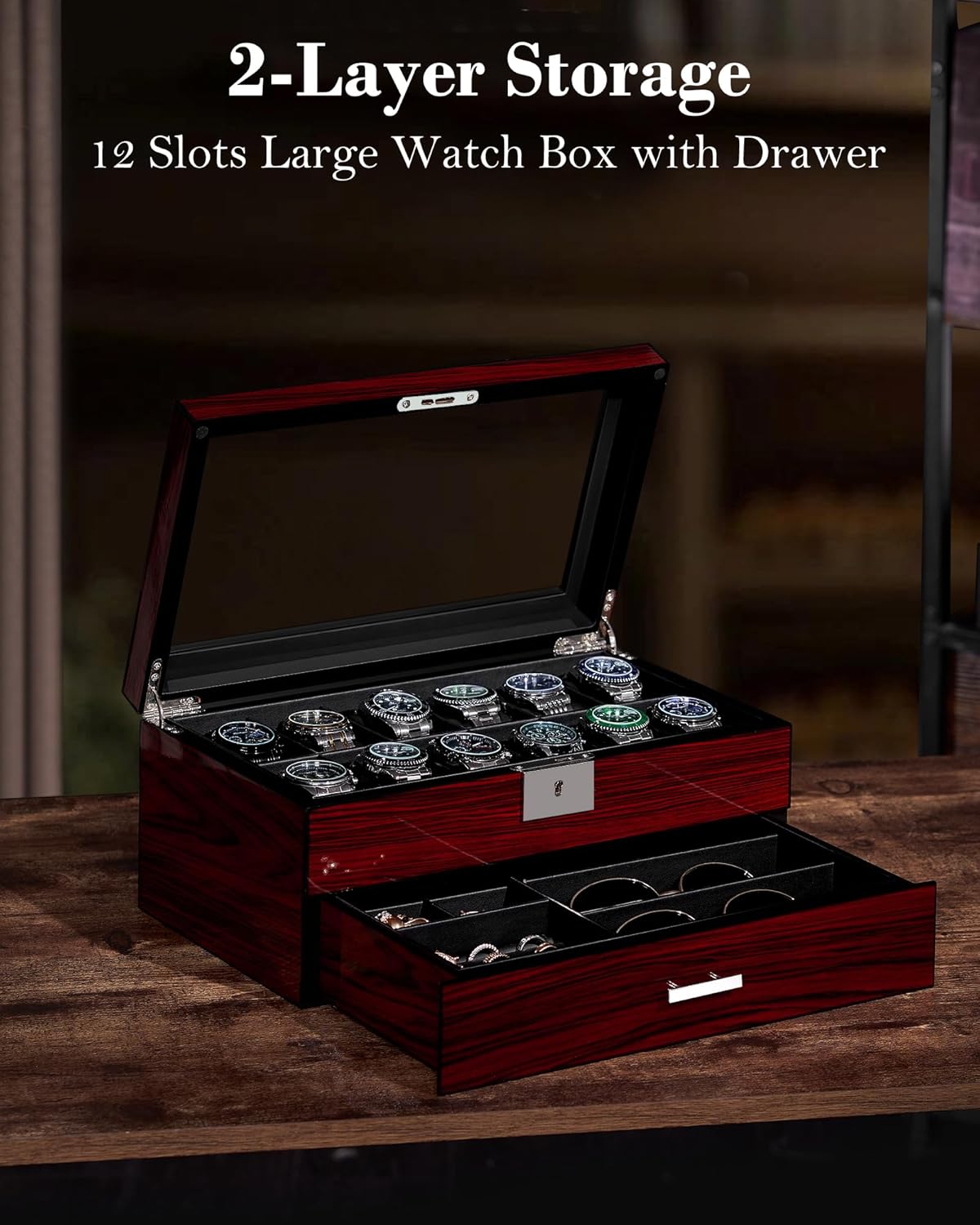 12-Slot Watch Box with Glass L – Jewelry Organizer Watches recenzja i cena